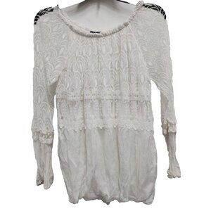 Charlie B Womens Silk Blend Lace Blouse Top Large White Long Sleeve Fairy BOHO